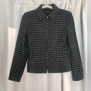 Tahari Black and White Tweed Collarless Zip Jacket